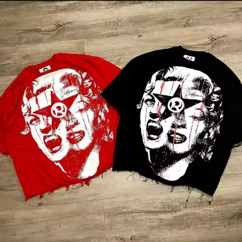 Red and Black Short Sleeve Graphic Tees